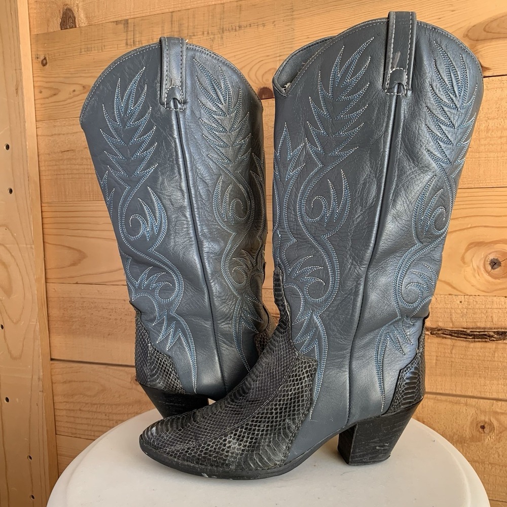 VTG Acme Women's Cowboy Western Boots 8N Snake 70s Grey Blue Stitch *Wear* - Picture 4 of 10